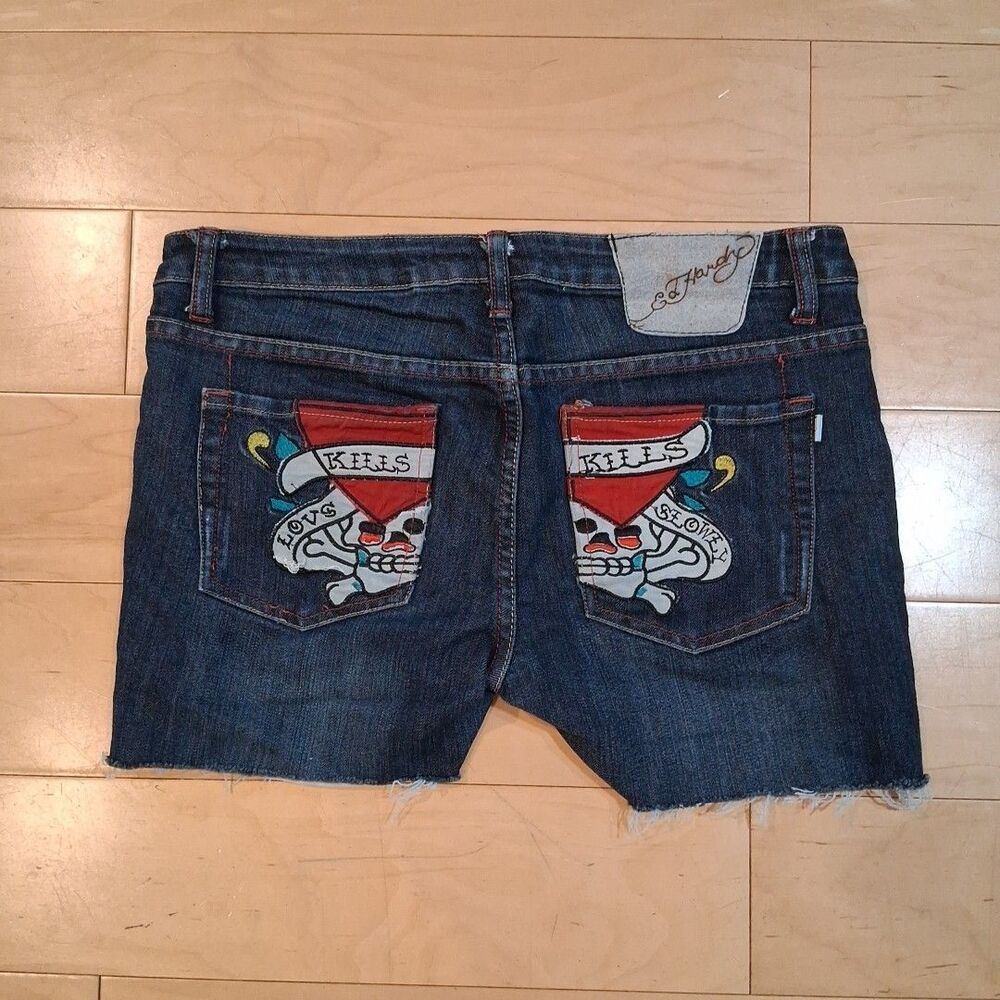 Vintage Ed Hardy Denim Shorts Y2K Skull Rose Embroidered Blue Women's Size 32